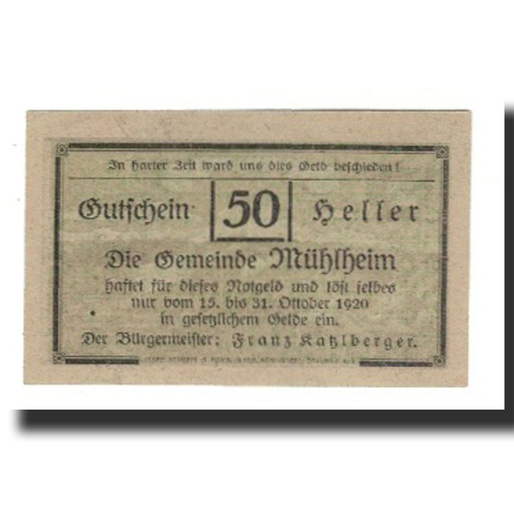 Billet, Autriche, Mülheim, 50 Heller, paysage, 1920, 1920-12-31, SUP, Mehl:FS