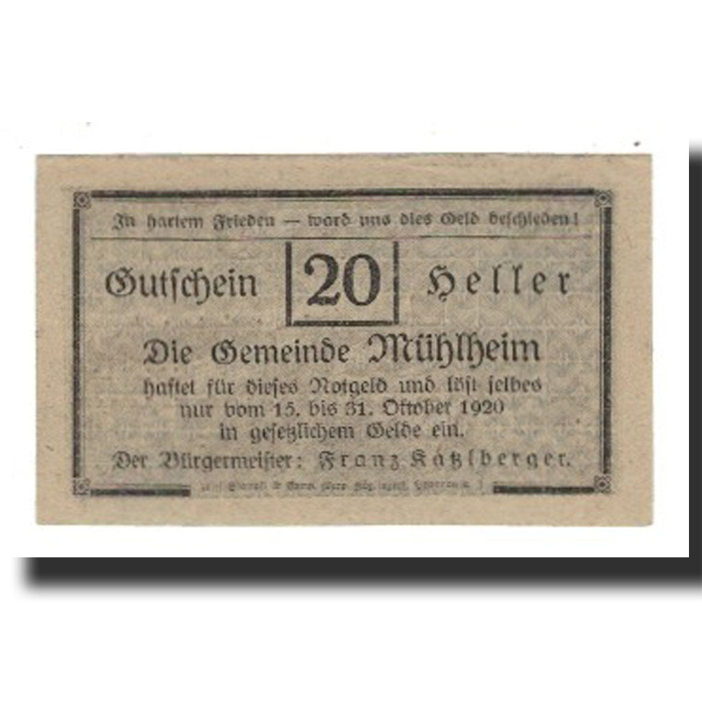 Billet, Autriche, Mülheim, 20 Heller, paysage 1, 1920, 1920-12-31, SUP, Mehl:FS