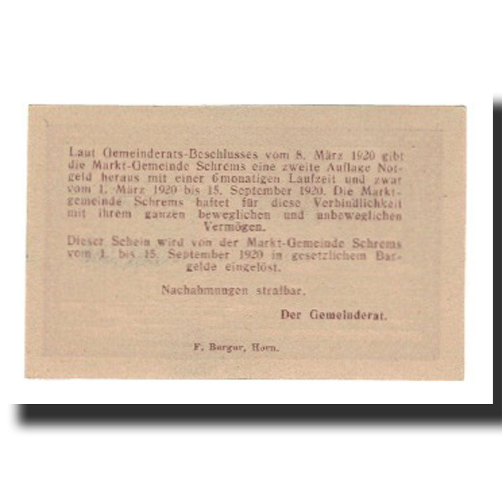 Biljet, Oostenrijk, Schrems, 20 Heller, texte 1, 1920, 1920-09-15, SUP, Mehl:FS