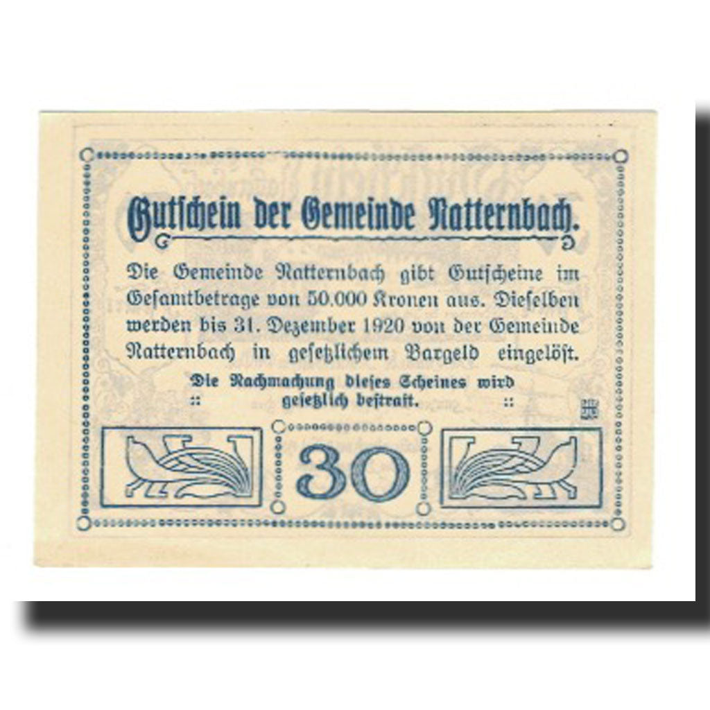 Billet, Autriche, Natternbach O.Ö. Gemeinde, 30 Heller, Texte, 1920