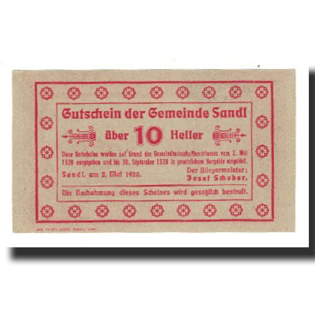 Banknote, Austria, Sandl O.Ö. Gemeinde, 10 Heller, Texte, 1920, 1920-09-30