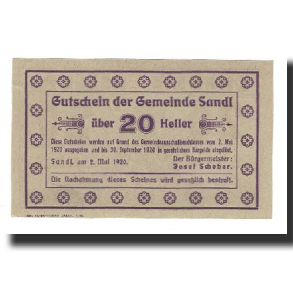 Banknote, Austria, Sandl O.Ö. Gemeinde, 20 Heller, texte 1, 1920, 1920-09-30
