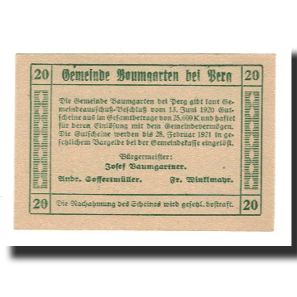 Nota, Áustria, Baumgarten, 20 Heller, Texte, 1921, 1921-02-28, UNC(65-70)