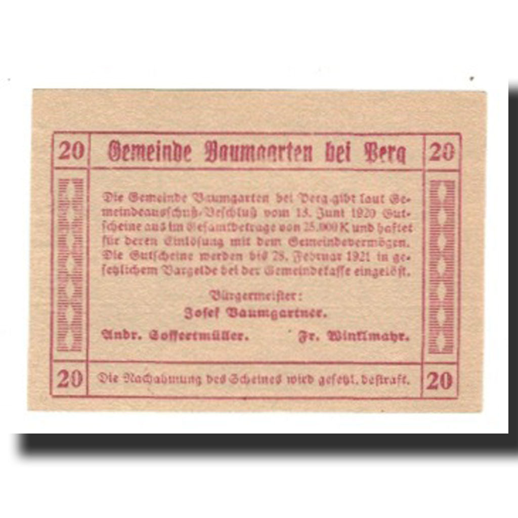 Geldschein, Österreich, Baumgarten, 20 Heller, texte 1, 1921, 1921-02-28, UNZ