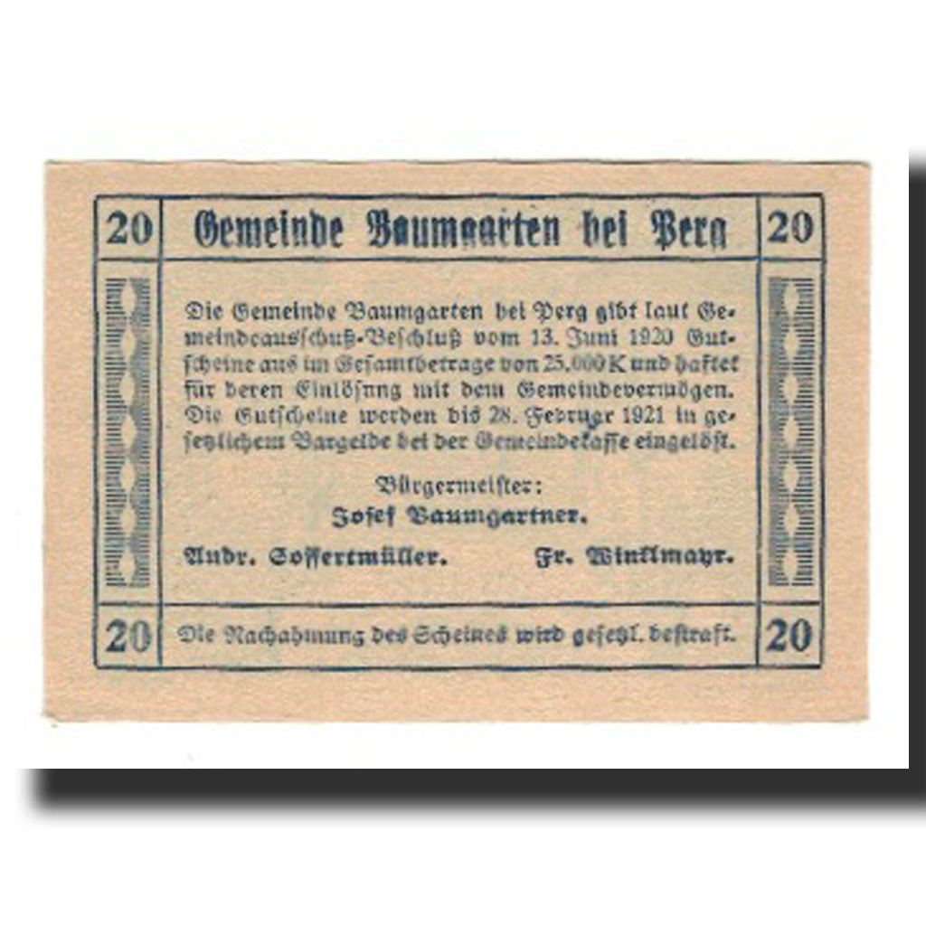 Banknote, Austria, Baumgarten, 20 Heller, Texte 2, 1921, 1921-02-28, UNC(65-70)
