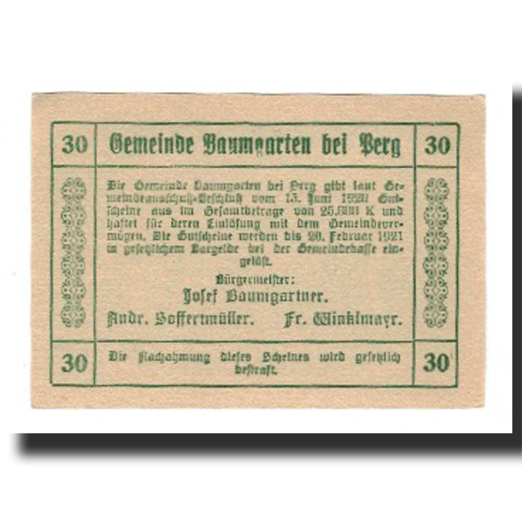 Geldschein, Österreich, Baumgarten, 30 Heller, Texte 3, 1921, 1921-02-28, UNZ