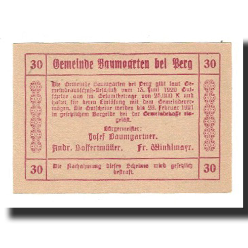 Geldschein, Österreich, Baumgarten, 30 Heller, Texte 4, 1921, 1921-02-28, UNZ