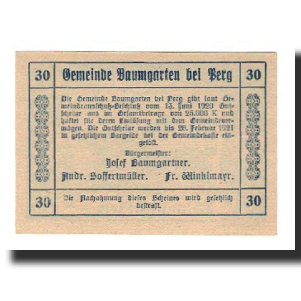 Billet, Autriche, Baumgarten, 30 Heller, Texte  5, 1921, 1921-02-28, NEUF