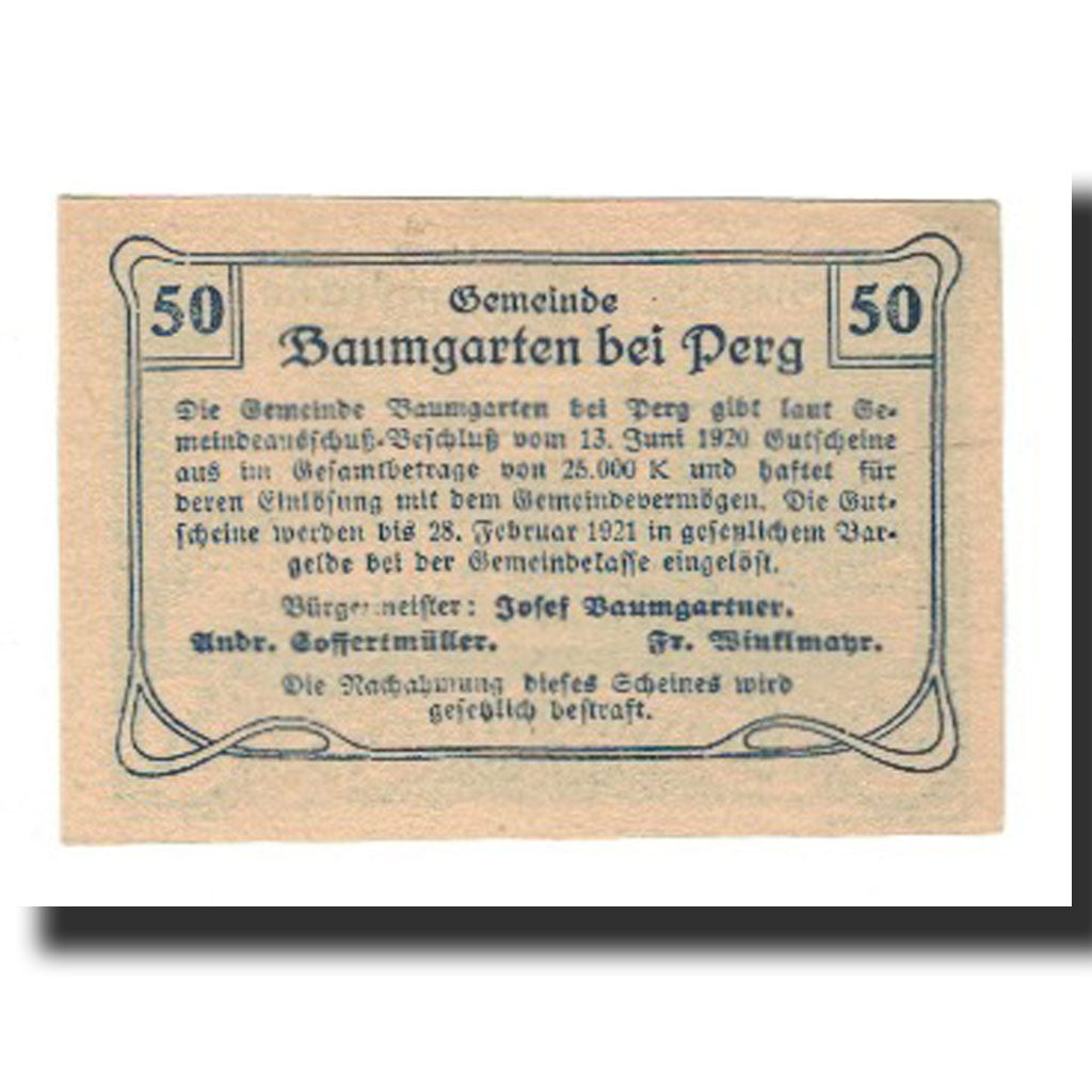 Geldschein, Österreich, Baumgarten, 50 Heller, Texte 6, 1921, 1921-02-28, UNZ