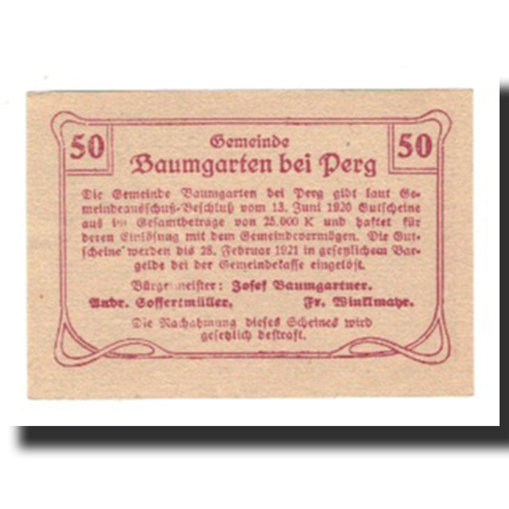 Banconote, Austria, Baumgarten, 50 Heller, Texte 7, 1921, 1921-02-28, FDS
