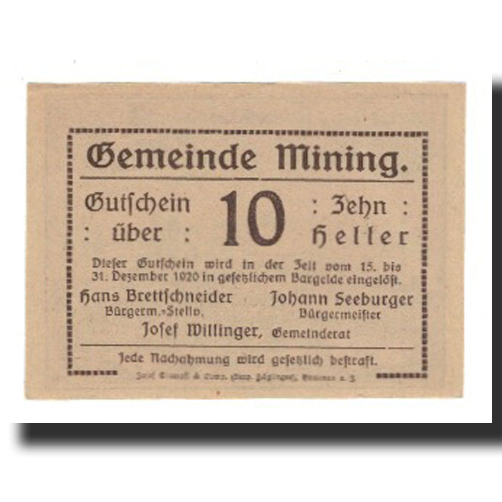 Banknote, Austria, Mining O.Ö. Gemeinde, 10 Heller, paysage, 1920, 1920-12-31