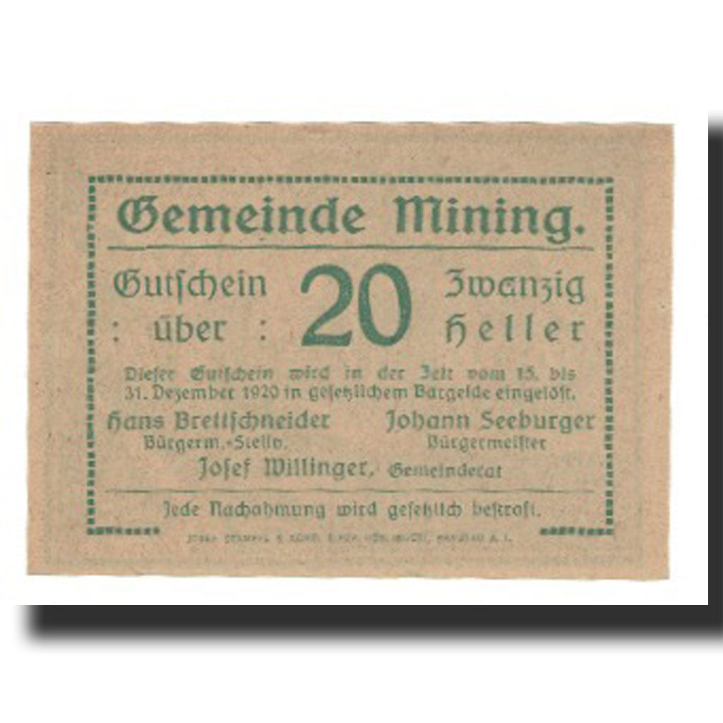 Billet, Autriche, Mining O.Ö. Gemeinde, 20 Heller, paysage 1, 1920, 1920-12-31