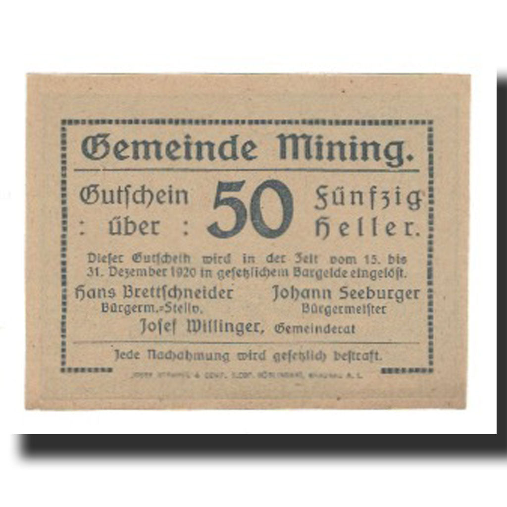 Biljet, Oostenrijk, Mining O.Ö. Gemeinde, 50 Heller, paysage 2, 1920