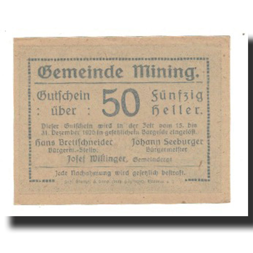Billet, Autriche, Mining O.Ö. Gemeinde, 50 Heller, paysage 3, 1920, 1920-12-31