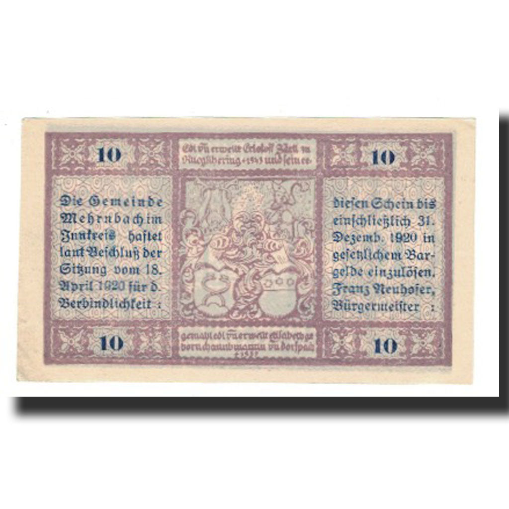 Billet, Autriche, Mehrnbach O.Ö. Gemeinde, 10 Heller, Texte, 1920, 1920-12-31