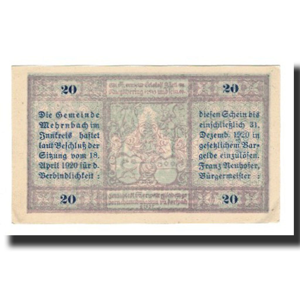 Banknote, Austria, Mehrnbach O.Ö. Gemeinde, 20 Heller, texte 1, 1920