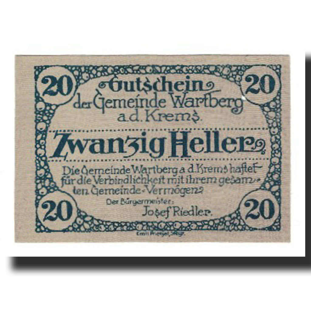 Nota, Áustria, Wartberg An Der Krems O.Ö. Gemeinde, 20 Heller, batiment 3