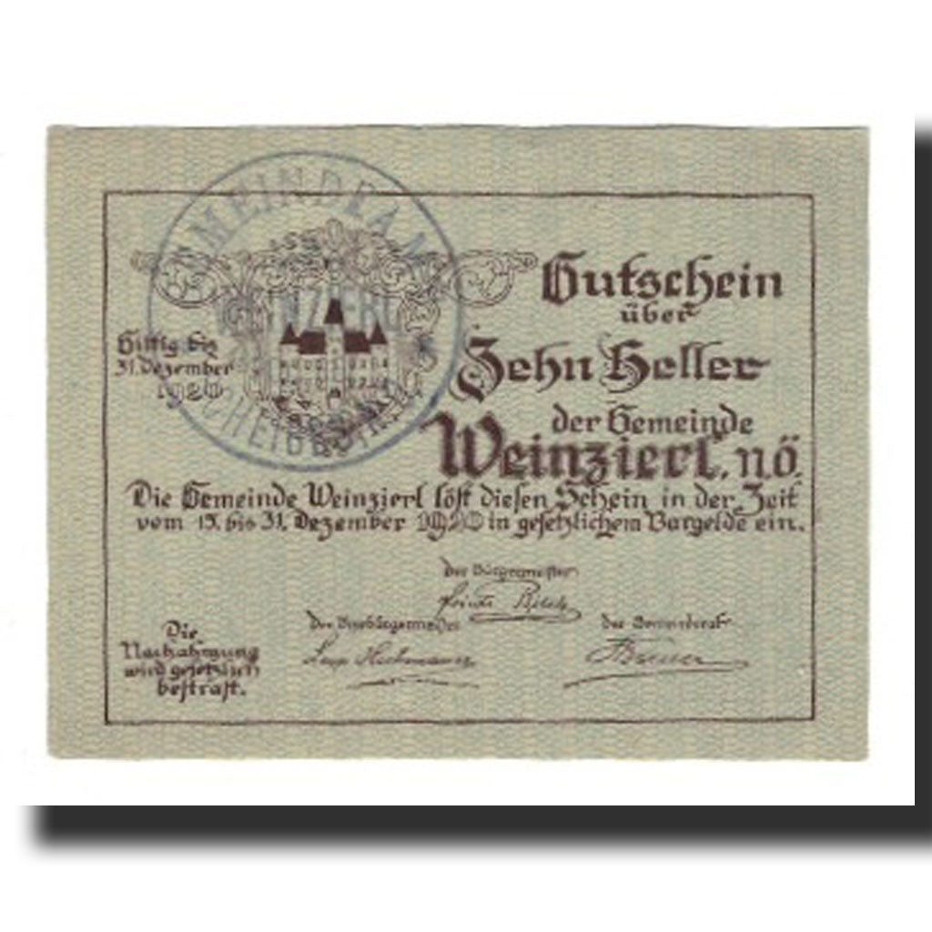Banknote, Austria, Weinzierl bei Wieselburg N.Ö. Gemeinde, 10 Heller, village