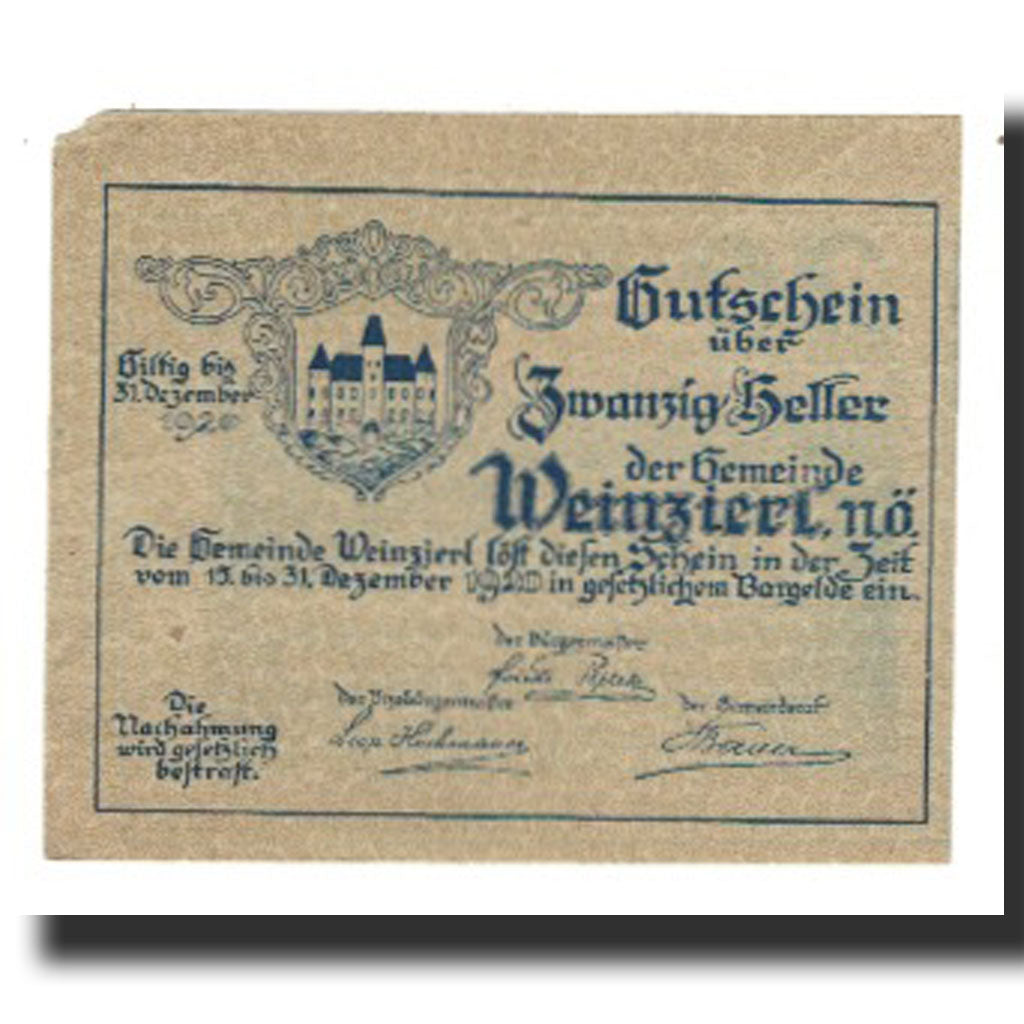 Geldschein, Österreich, Weinzierl bei Wieselburg N.Ö. Gemeinde, 20 Heller