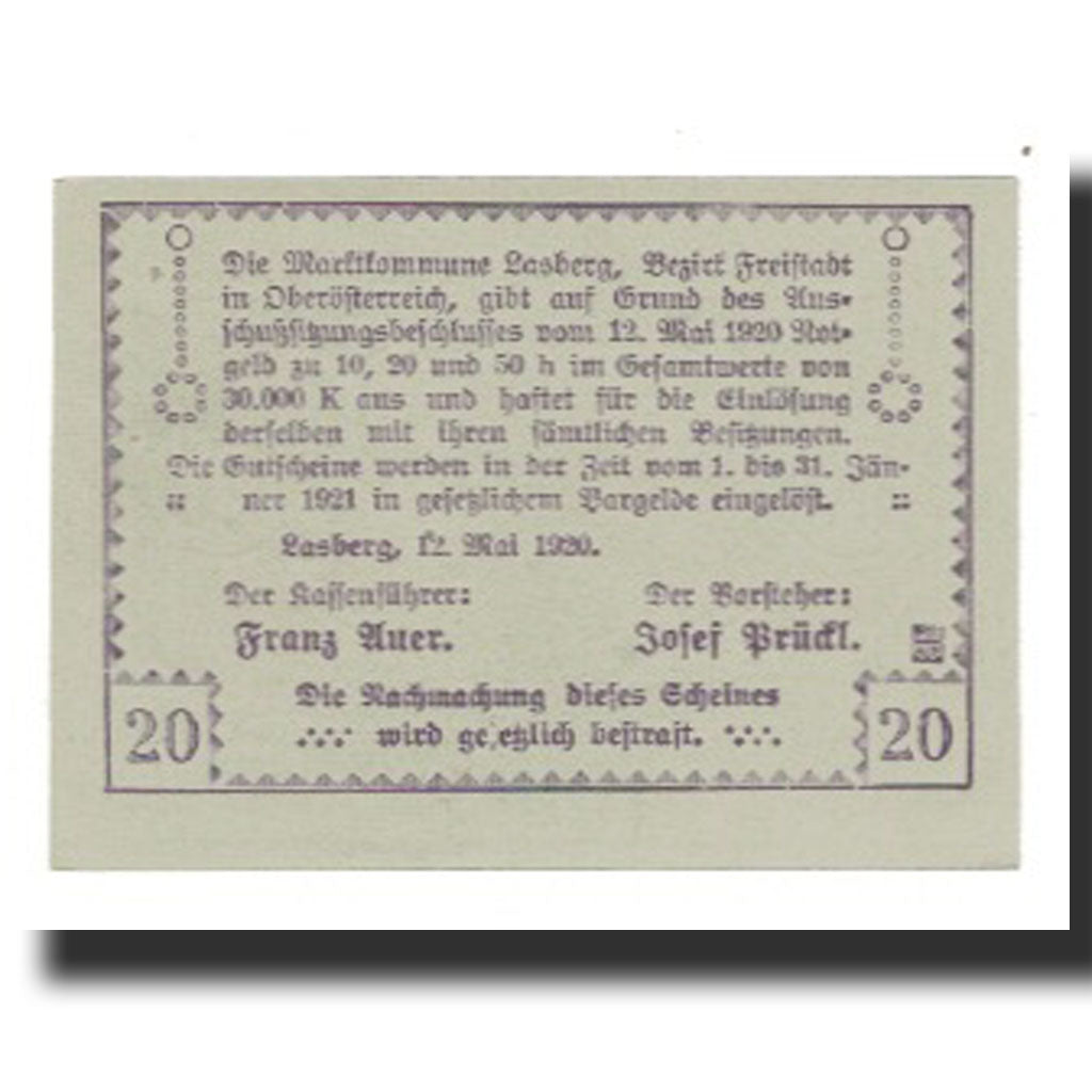 Banconote, Austria, Lasberg, 20 Heller, texte 1, 1921, 1921-01-31, FDS, Mehl:FS