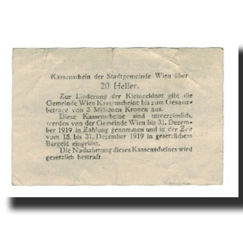 Banconote, Austria, Wien N.Ö. Stadtgemeinde, 20 Heller, Texte, 1921, BB