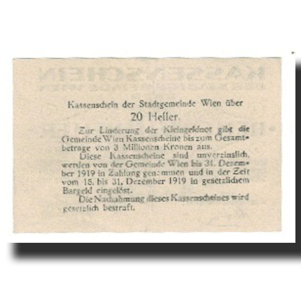 Banknote, Austria, Wien N.Ö. Stadtgemeinde, 20 Heller, texte 1, 1921