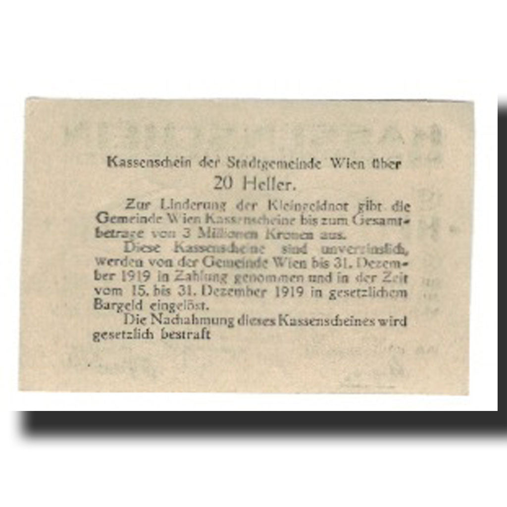 Biljet, Oostenrijk, Wien N.Ö. Stadtgemeinde, 20 Heller, Texte 2, 1921, NIEUW