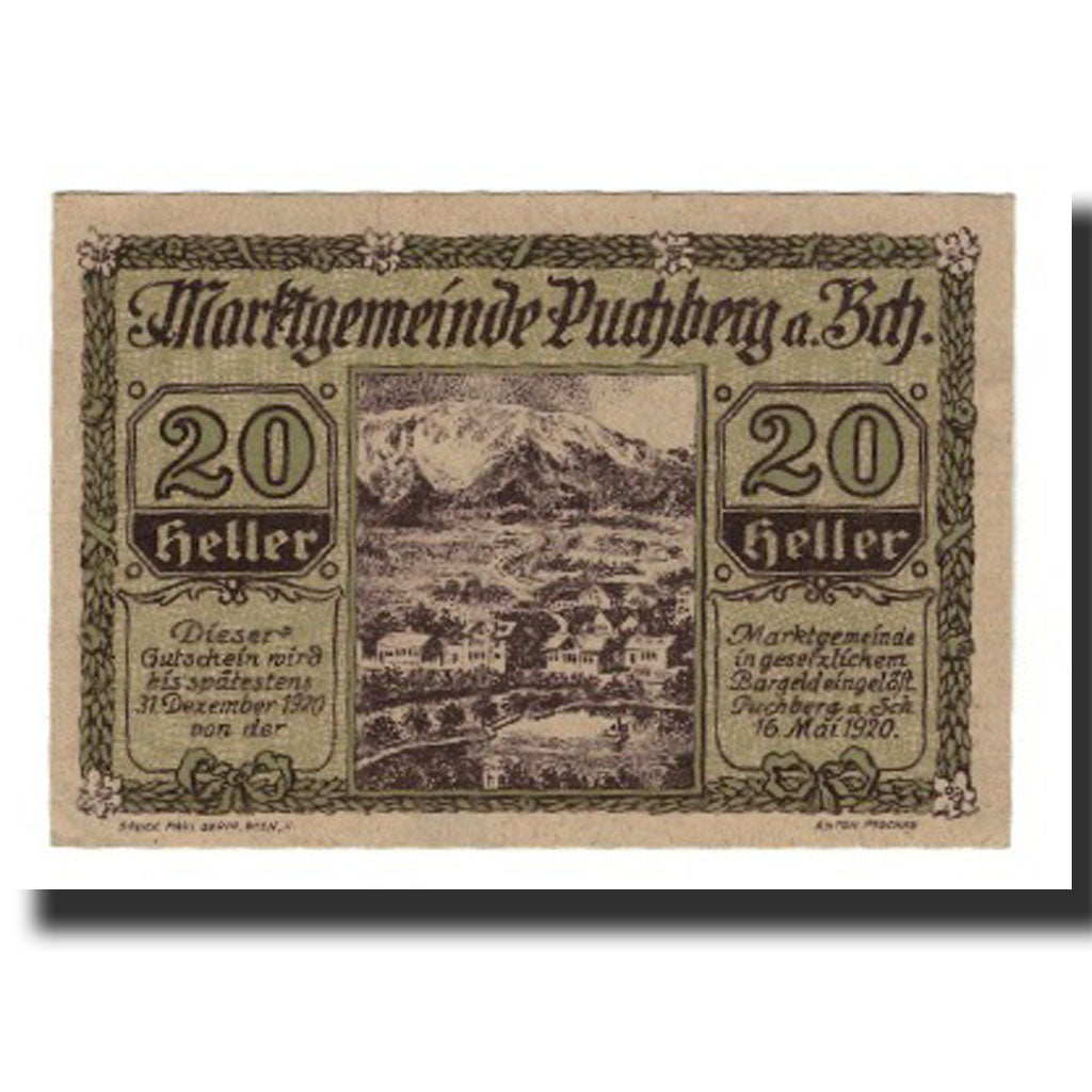 Billet, Autriche, Puchberg am Schneeberg N.Ö. Marktgemeinde, 20 Heller, Texte