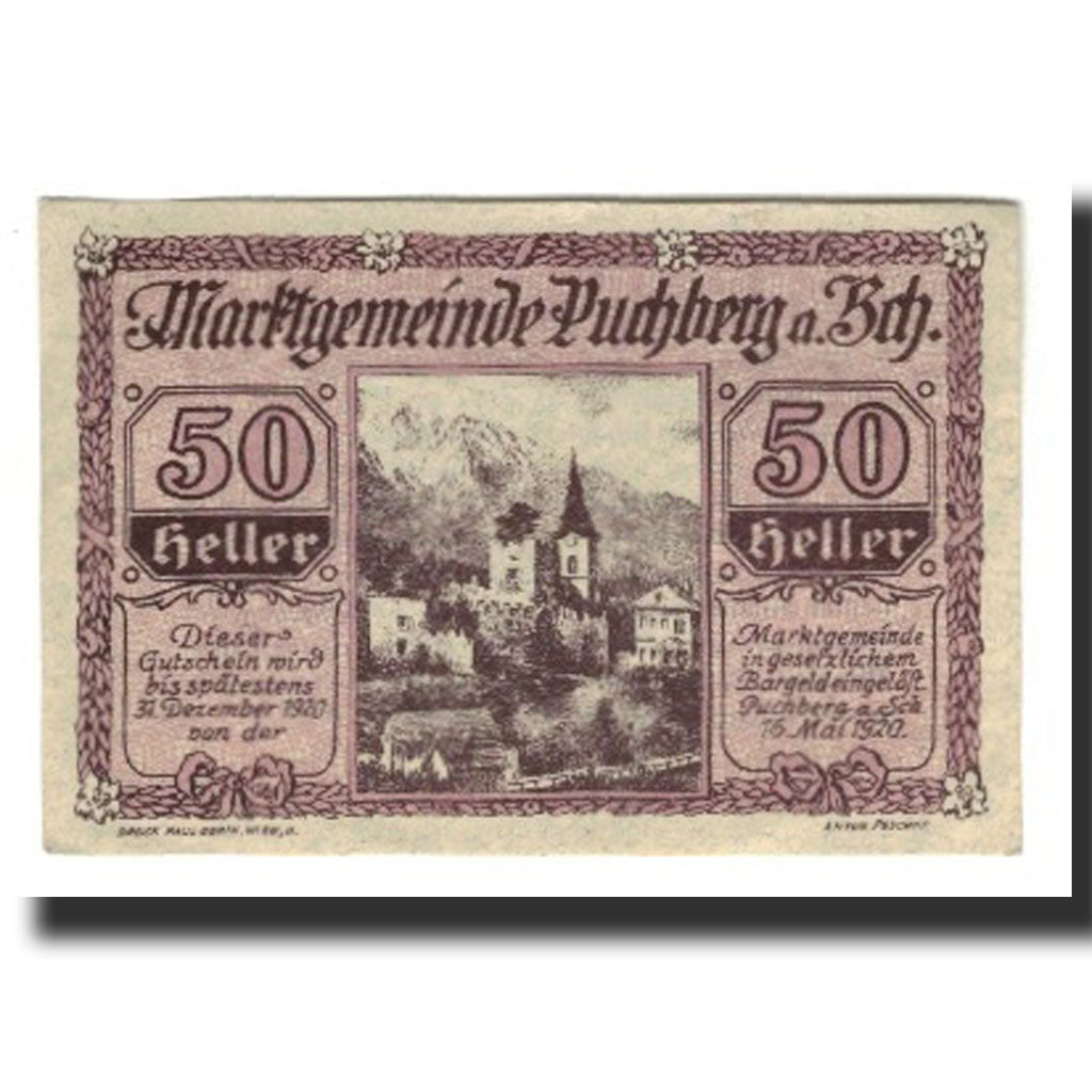 Banconote, Austria, Puchberg am Schneeberg N.Ö. Marktgemeinde, 50 Heller, Texte