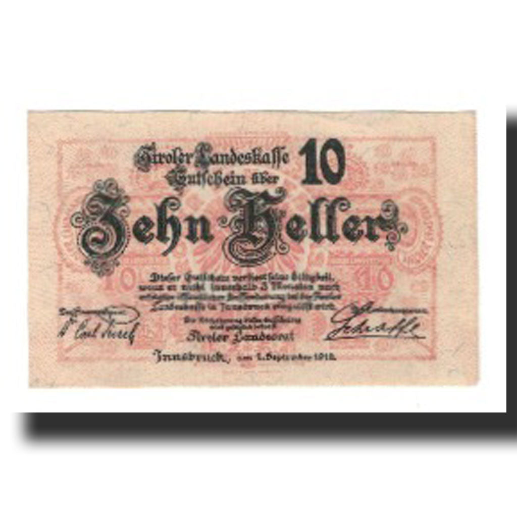 Nota, Áustria, Tiroler Landeskasse, 10 Heller, Blason, 1919, 1919-09-01