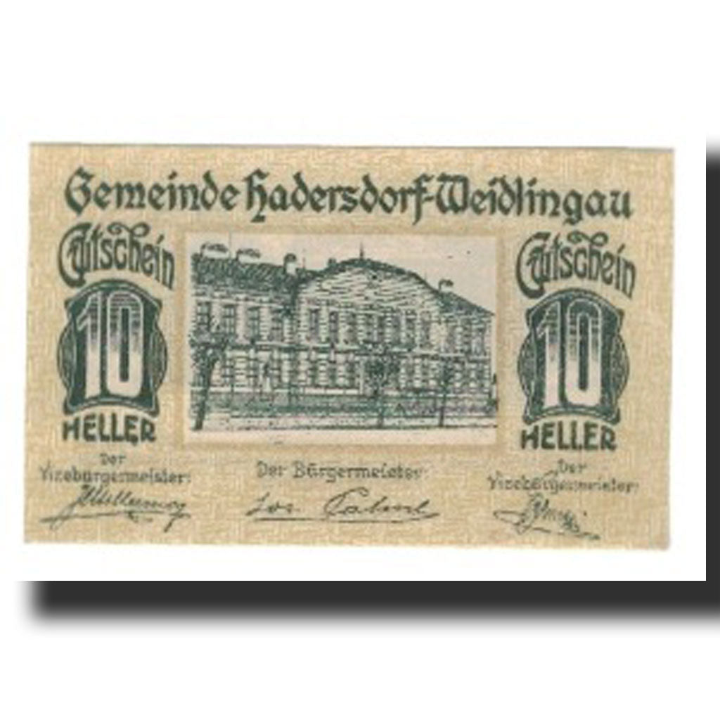 Banknote, Austria, Hadersdorf-Weidlingau N.Ö. Gemeinde, 10 Heller, Monument