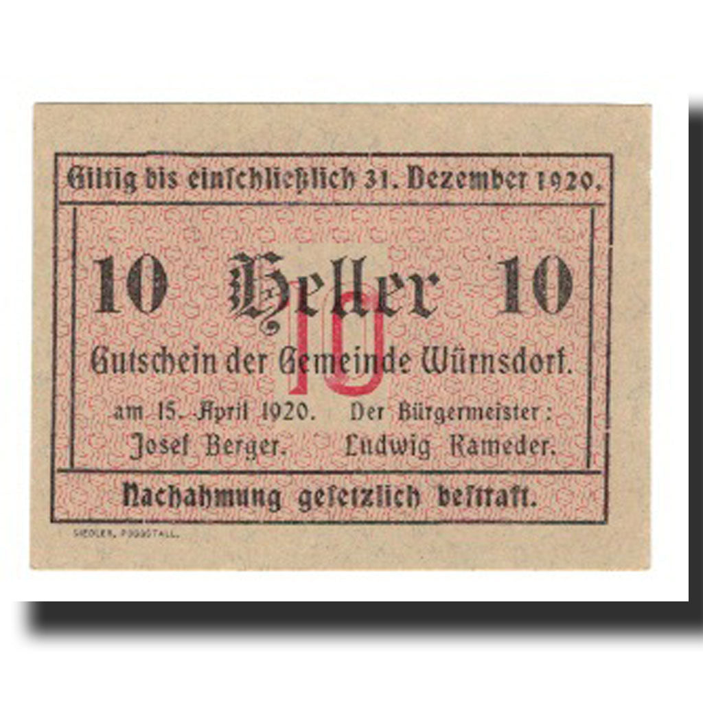 Geldschein, Österreich, Würnsdorf, 10 Heller, N.D, 1920, 1920-12-31, VZ