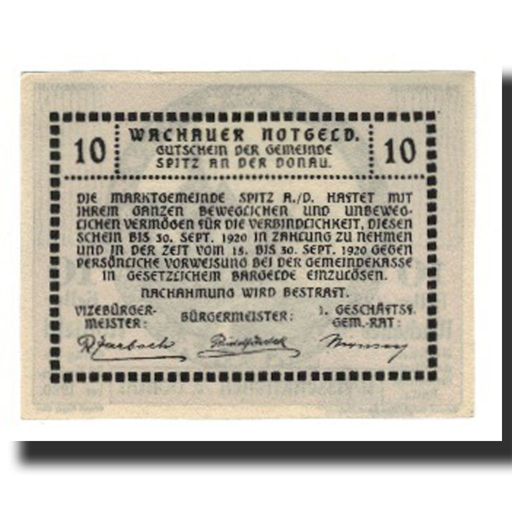 Billete, Austria, Wachauer Notgeld Weißenkirchen Gemeinde, 10 Heller, Texte
