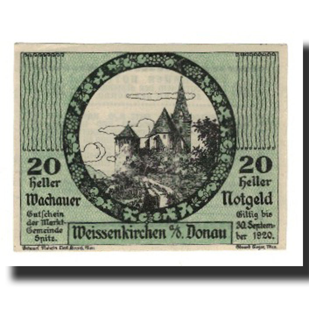 Nota, Áustria, Wachauer Notgeld Weißenkirchen Gemeinde, 20 Heller, texte 1