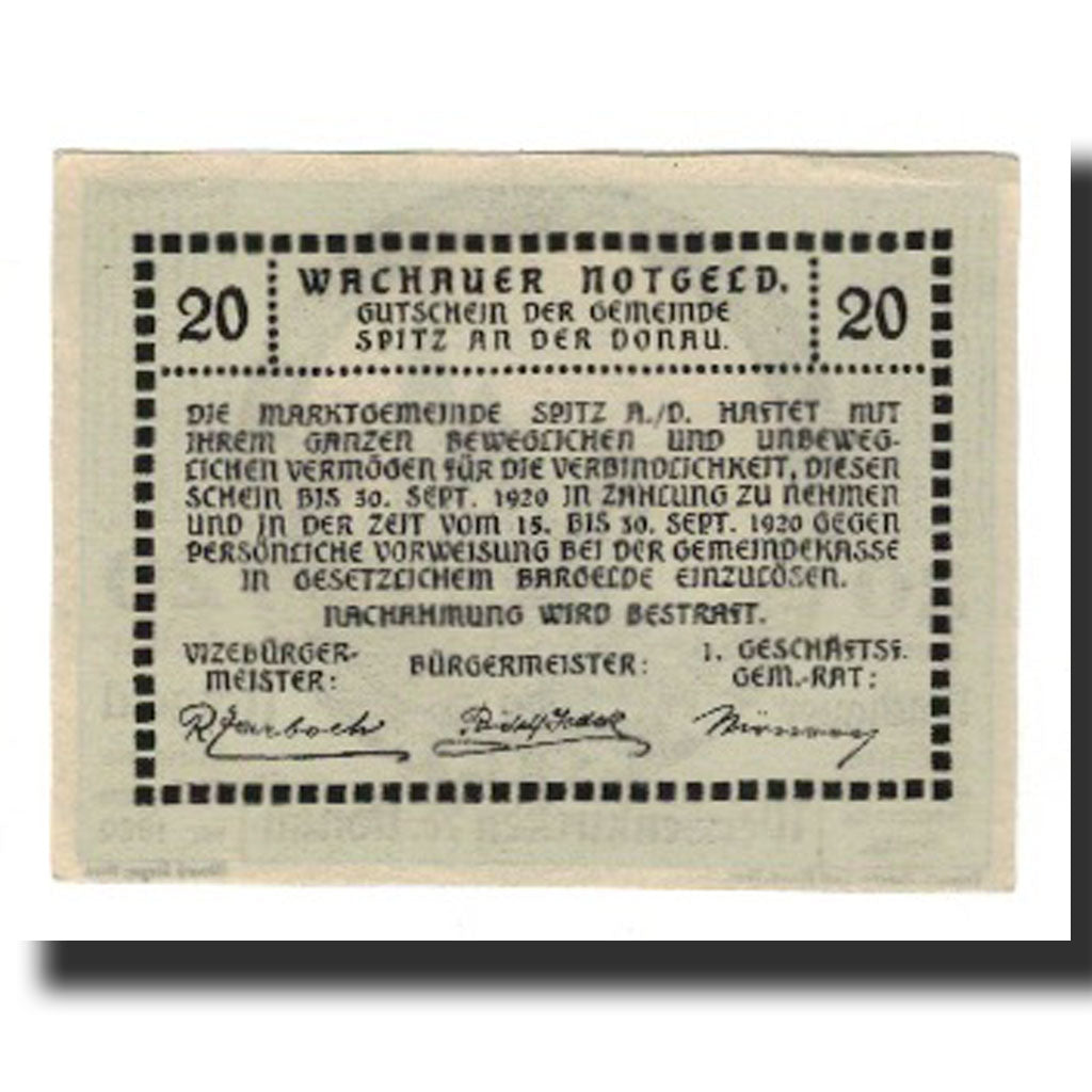 Nota, Áustria, Wachauer Notgeld Weißenkirchen Gemeinde, 20 Heller, texte 1
