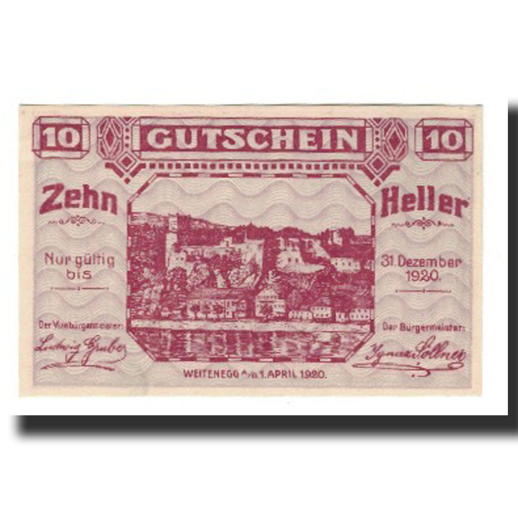 Billet, Autriche, Weitenegg N.Ö. Marktgemeinde, 10 Heller, Texte, 1920