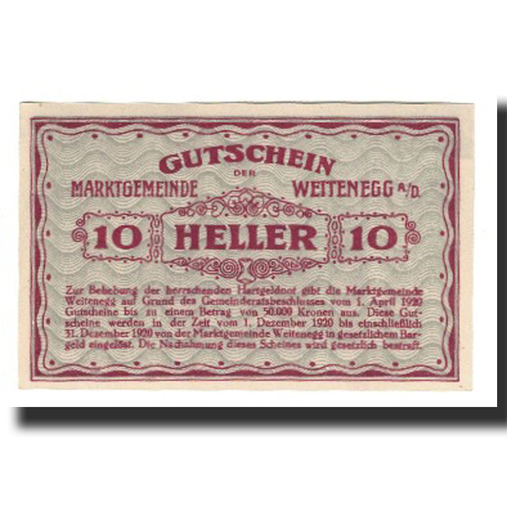 Billet, Autriche, Weitenegg N.Ö. Marktgemeinde, 10 Heller, Texte, 1920