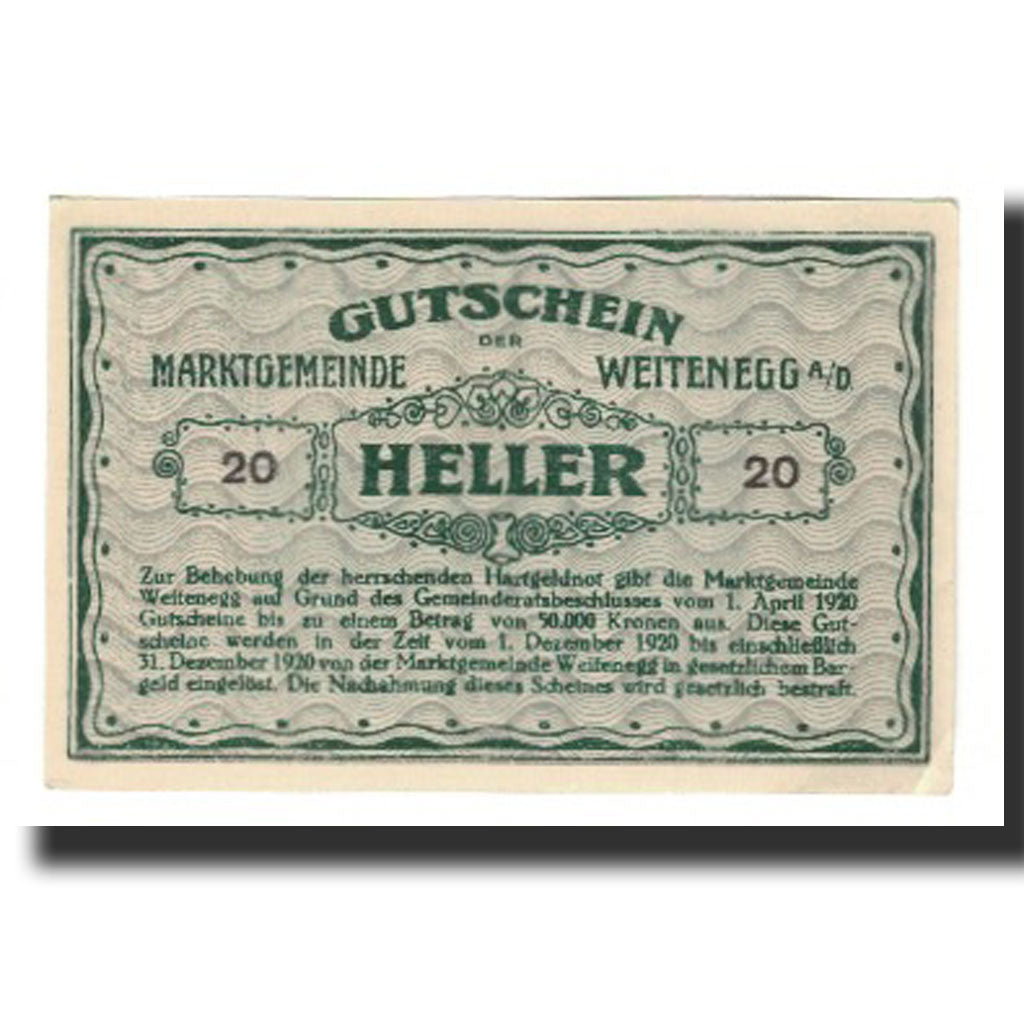 Biljet, Oostenrijk, Weitenegg N.Ö. Marktgemeinde, 20 Heller, texte 1, 1920