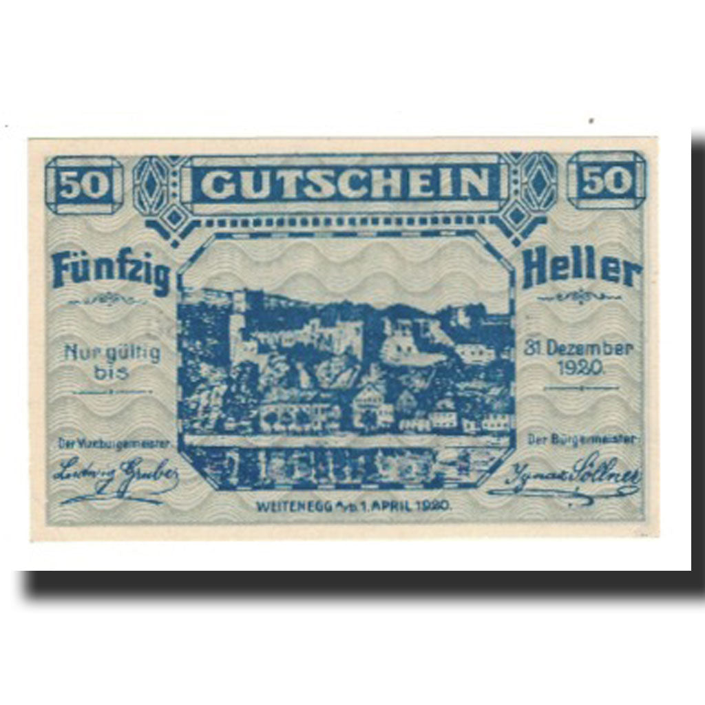 Banconote, Austria, Weitenegg N.Ö. Marktgemeinde, 50 Heller, Texte 2, 1920