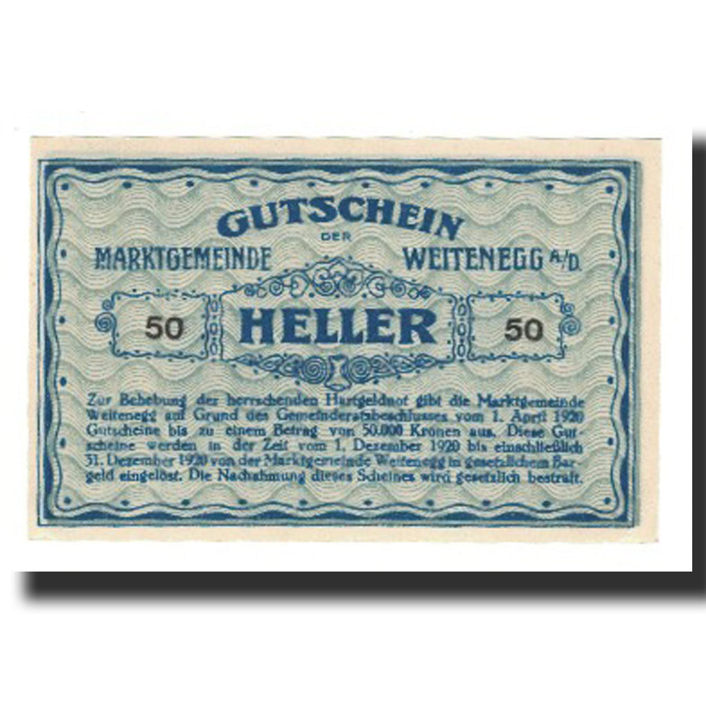 Banconote, Austria, Weitenegg N.Ö. Marktgemeinde, 50 Heller, Texte 2, 1920