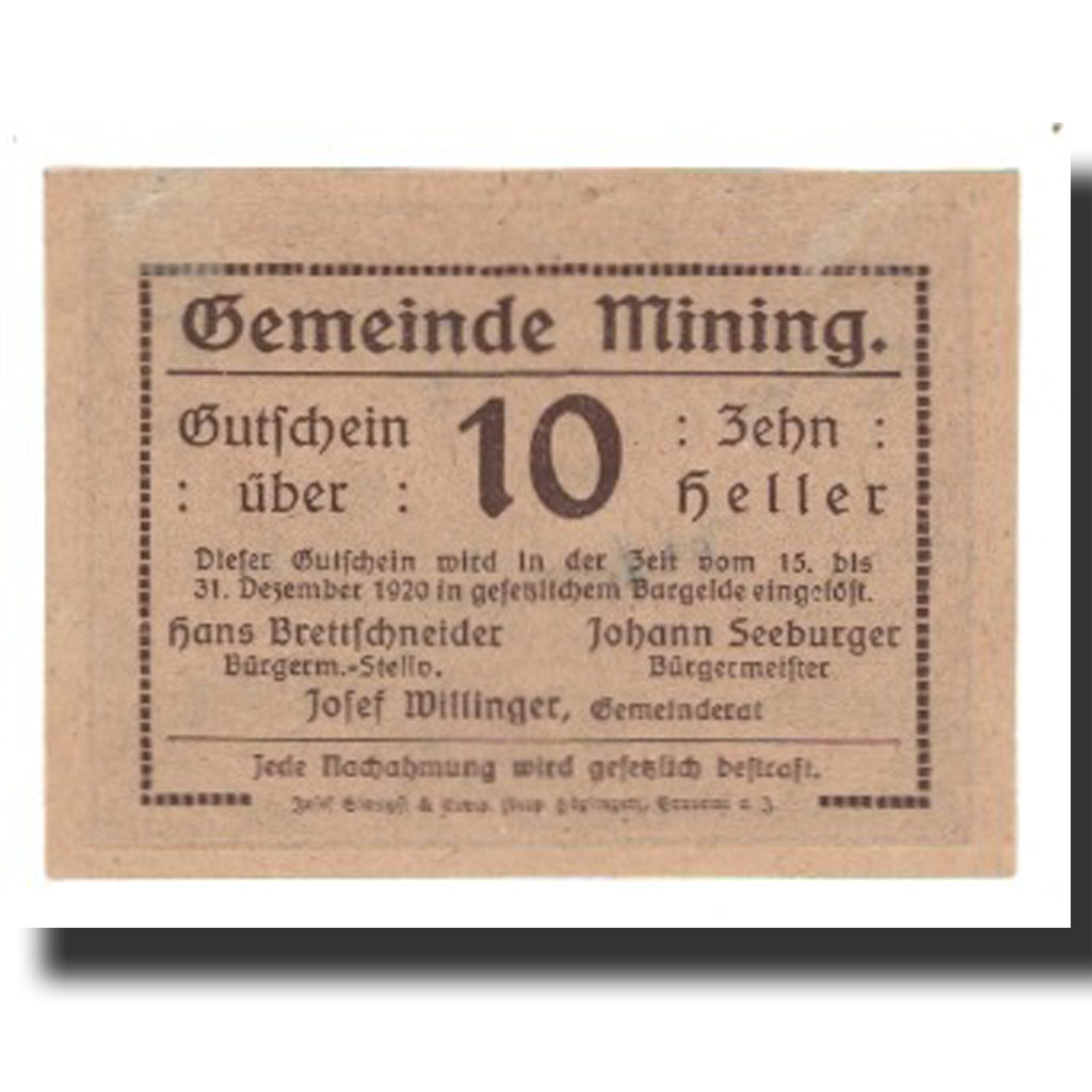 Biljet, Oostenrijk, Mining O.Ö. Gemeinde, 10 Heller, paysage, 1920, 1920-12-31