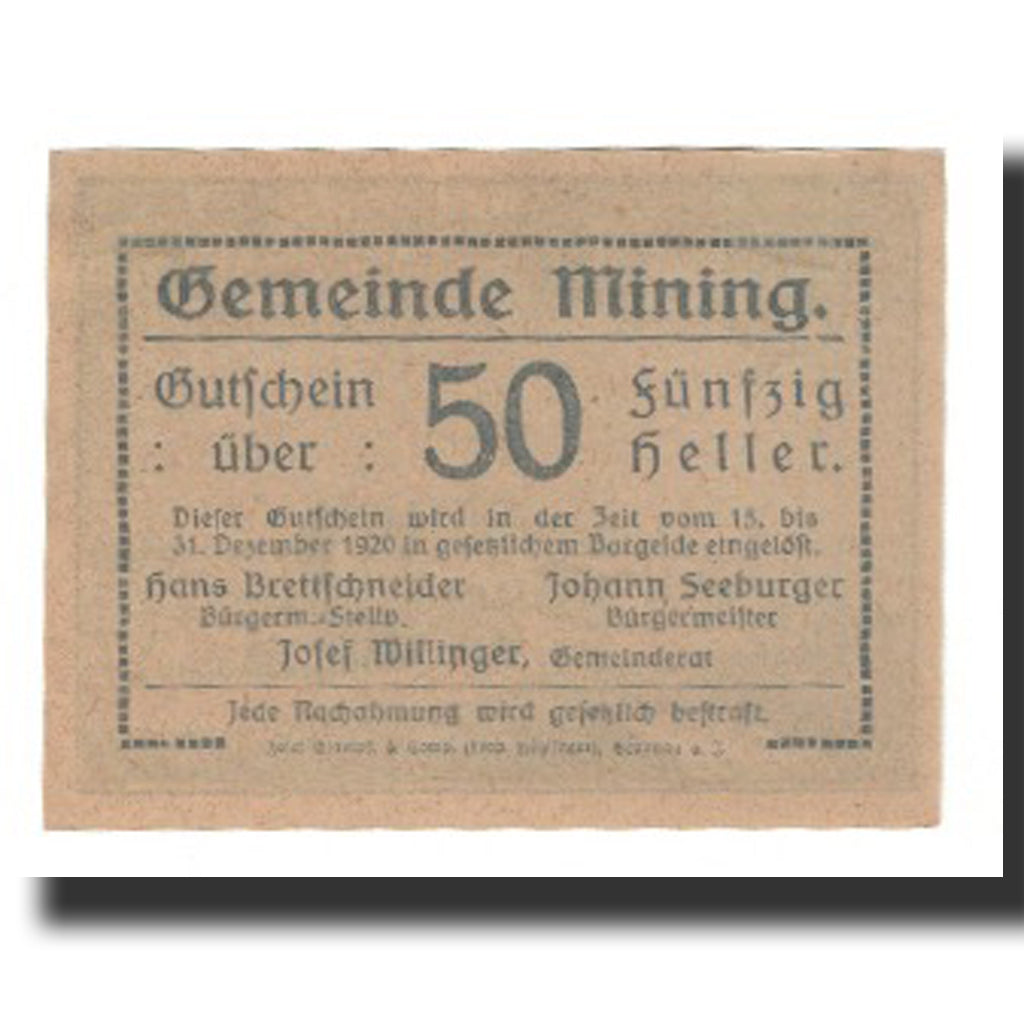 Banknote, Austria, Mining O.Ö. Gemeinde, 50 Heller, paysage 2, 1920