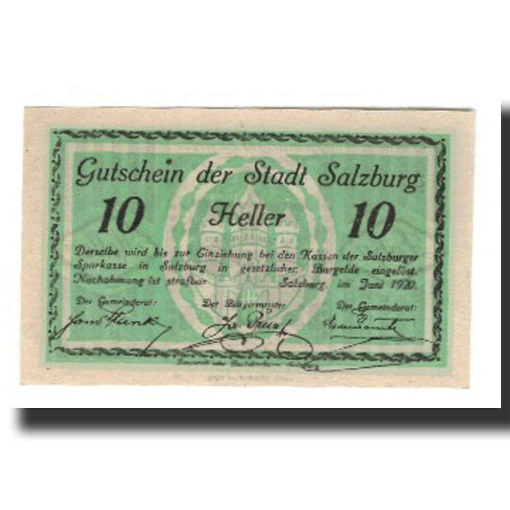 Banknot, Austria, Salzburg, 10 Heller, batiment 1, 1920, AU(55-58), Mehl:FS 862I