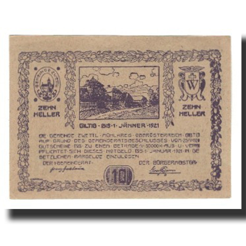 Banknote, Austria, Zwettl im Mühlkreis O.Ö. Gemeinde, 10 Heller, Texte, 1921