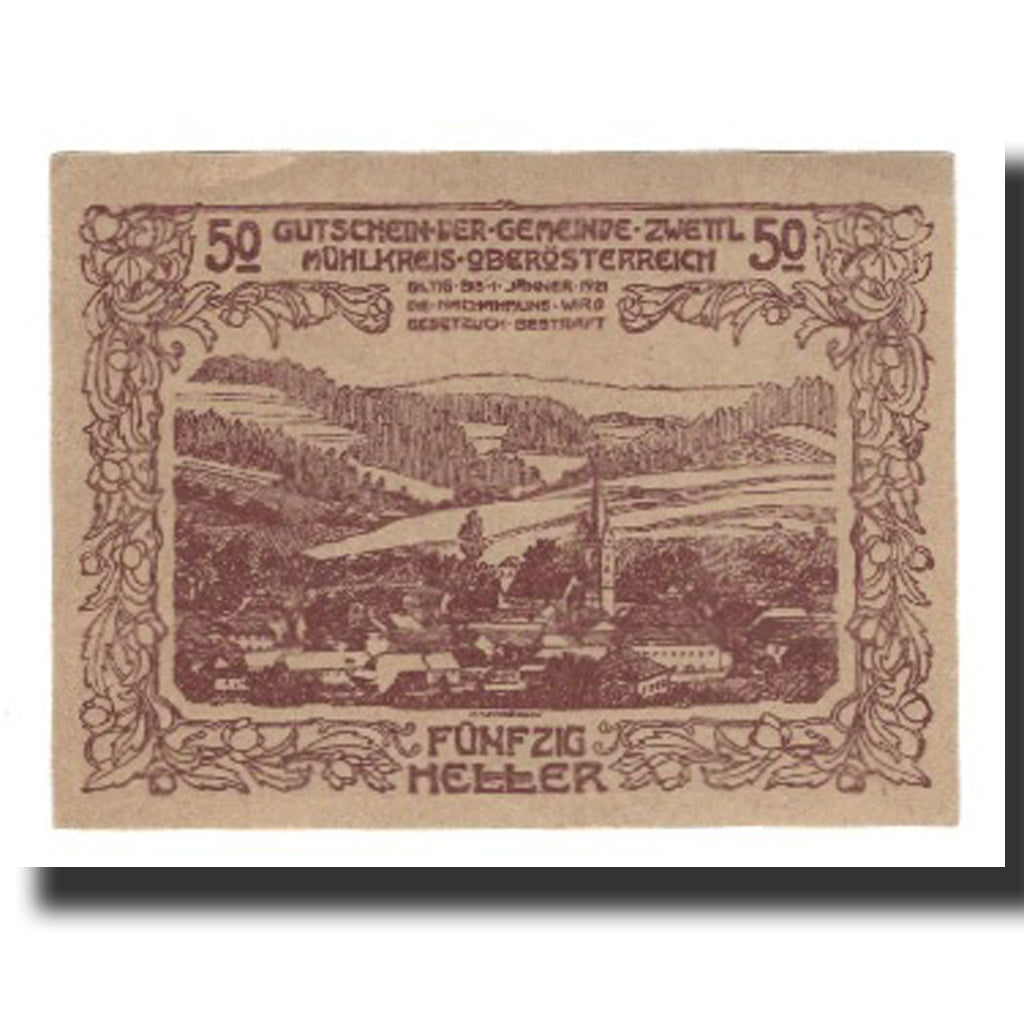 Billet, Autriche, Zwettl im Mühlkreis O.Ö. Gemeinde, 50 Heller, Texte 2, 1921