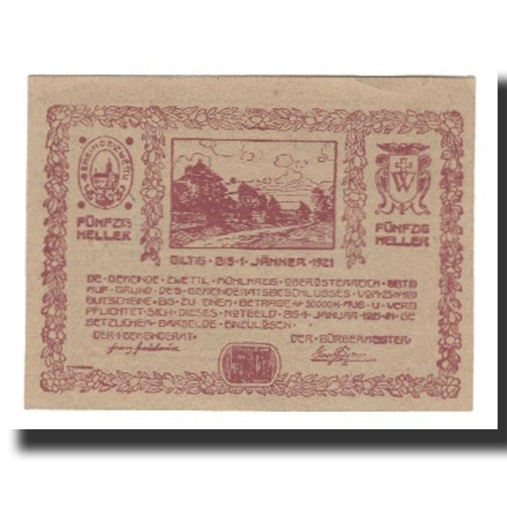 Billet, Autriche, Zwettl im Mühlkreis O.Ö. Gemeinde, 50 Heller, Texte 2, 1921