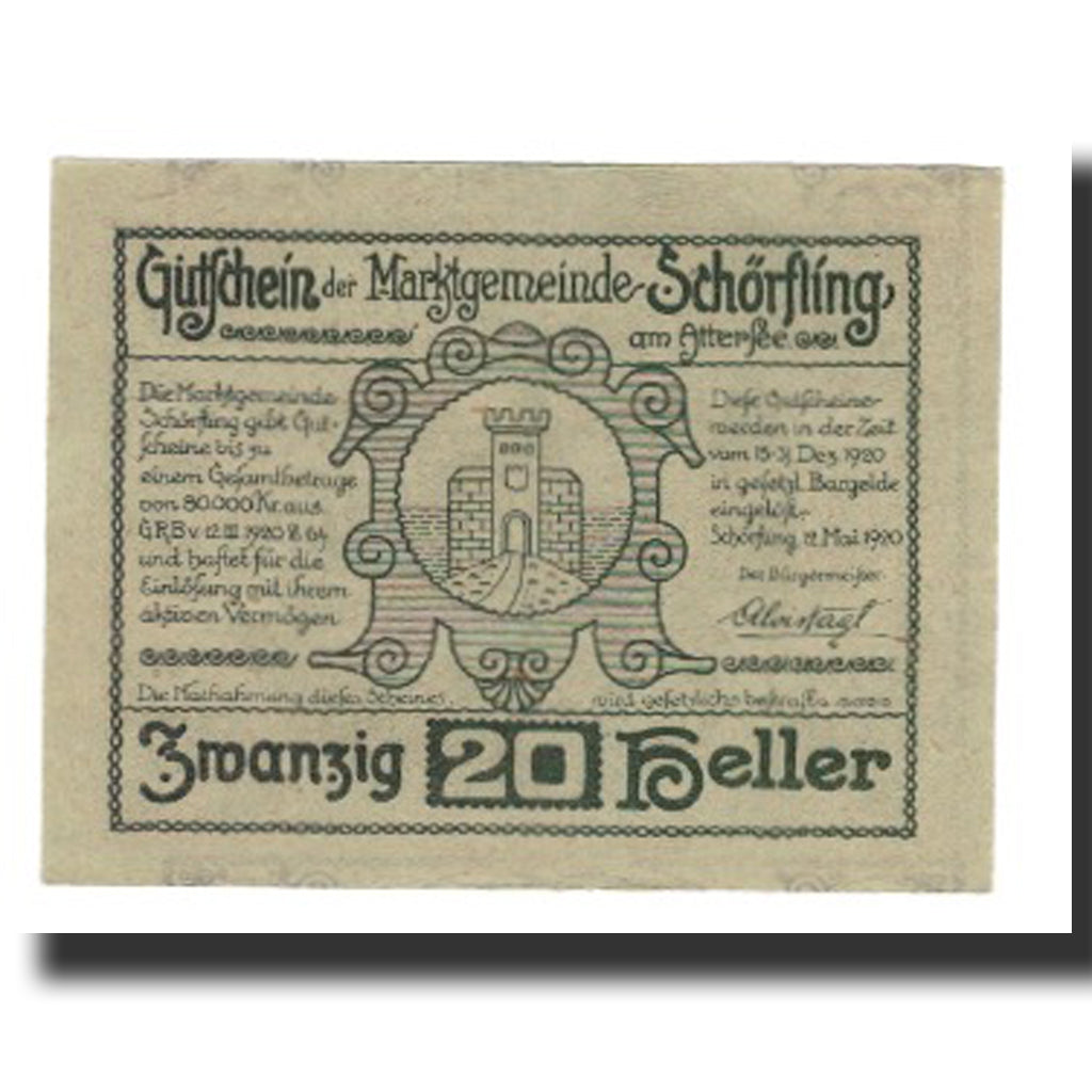 Billet, Autriche, Schörfling am Attersee O.Ö. Marktgemeinde, 20 Heller, maison