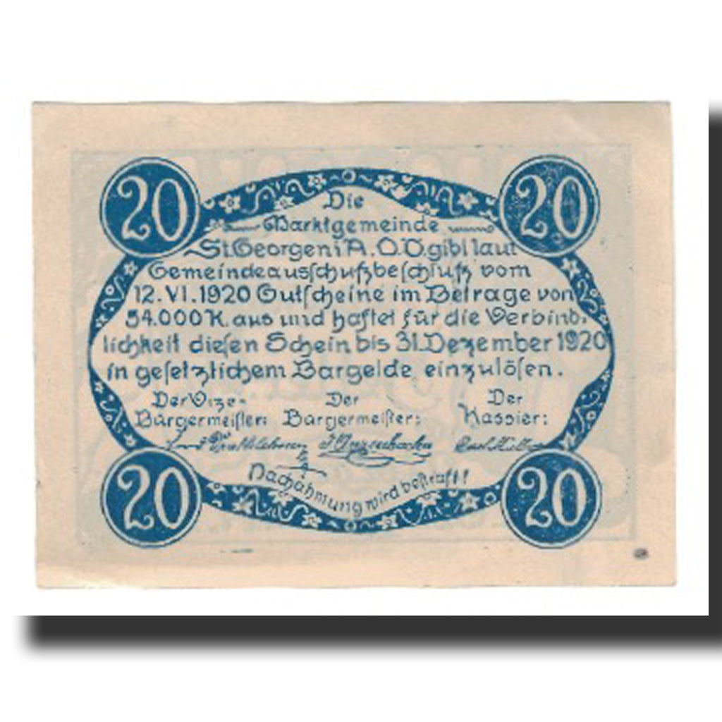Geldschein, Österreich, St Georgen im Attergau, 20 Heller, Texte, 1920