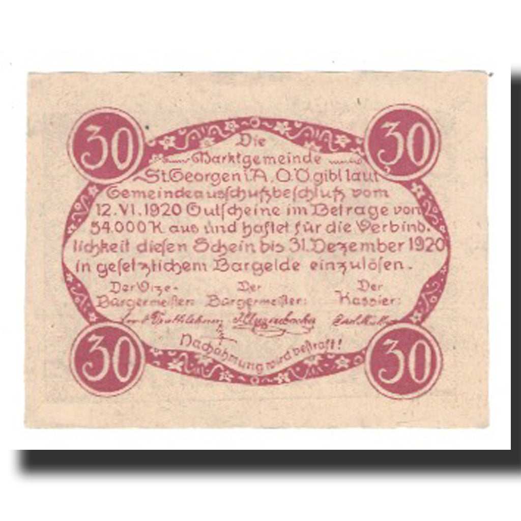 Banconote, Austria, St Georgen im Attergau, 30 Heller, texte 1, 1920
