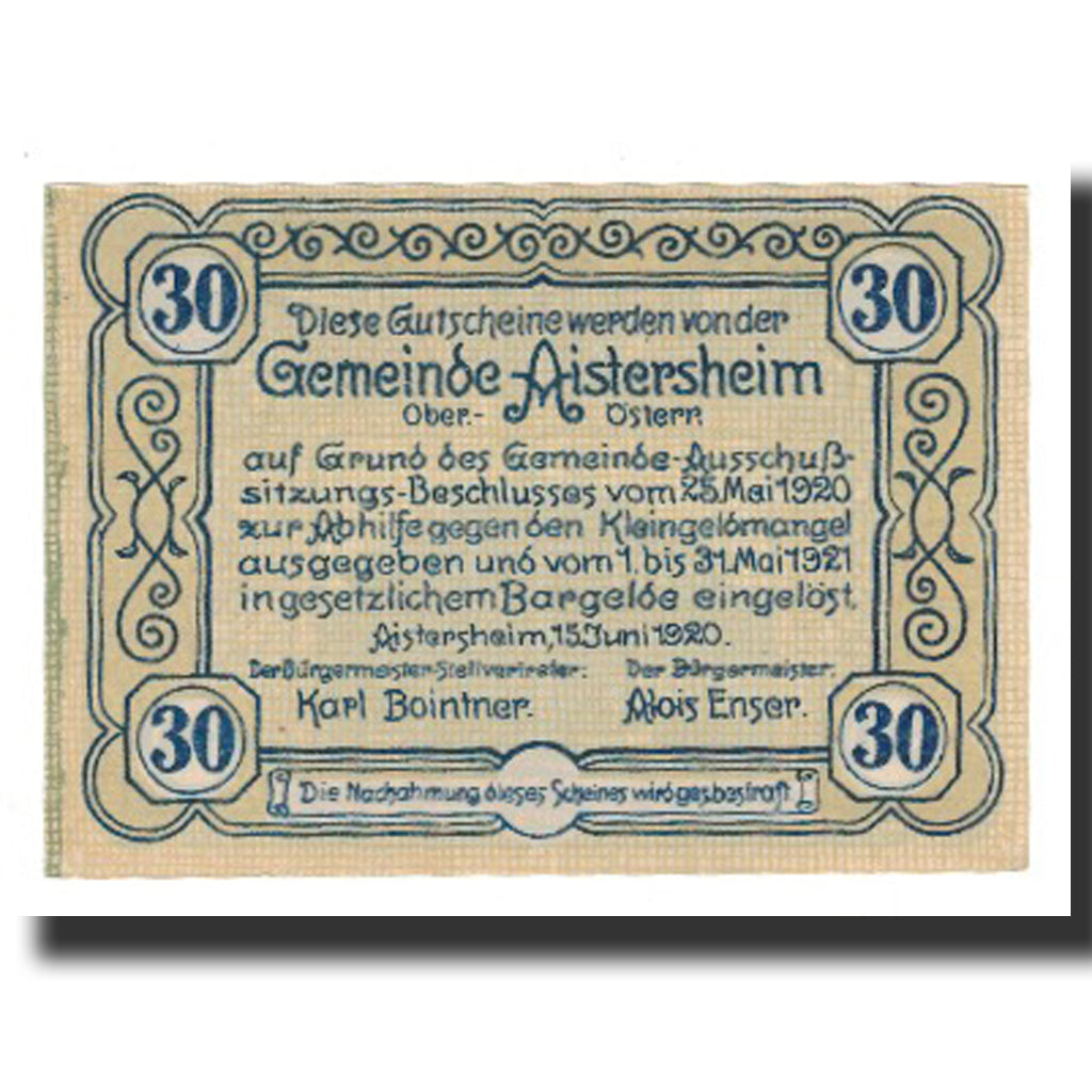 Billet, Autriche, Aistersheim, 30 Heller, Texte, 1921, 1921-05-31, SUP, Mehl:FS